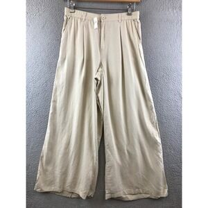 New Aerie Wide Leg Pleated Crop Pants Womens Medium Elastic Waist Casual Beige